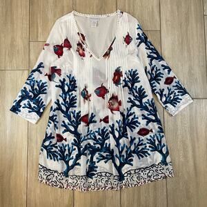 Soft Surroundings Cotton Tunic Dress Medium Nautical Fish Coral Print